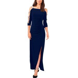 MSK Womens Royal Blue Gown W/Rhinestone Straps & Cutout Sleeves Size 10